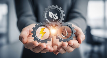 Poster - Interlocking gears display leaf, lightning bolt, and oil drop symbols, representing sustainable energy and resource management, showcasing a concept of eco-friendly solutions
