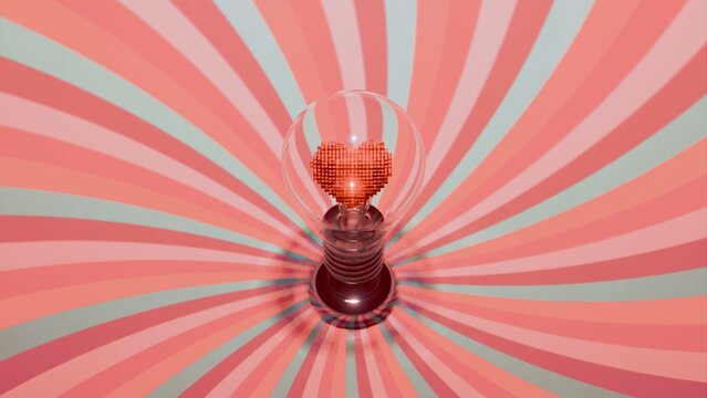 Light bulb with pixelated heart shaped filament under radial striped background