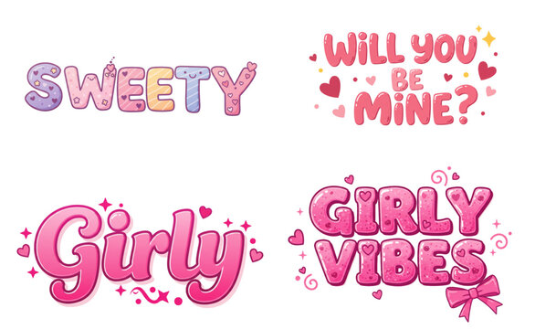 Cute lettering phrases feature creative fonts and hearts, perfect for Valentine's Day designs, sweet graphics, and affectionate themed projects.
