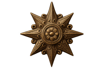 Poster - Golden eight-pointed star featuring a central flower motif and intricate swirling patterns, isolated on a transparent background