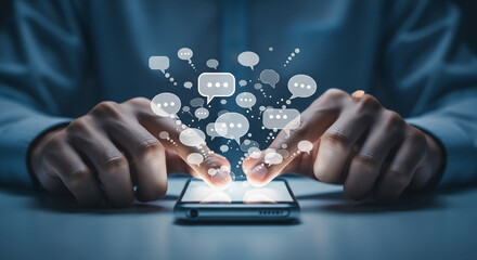 Poster - Hands using smartphone, digital speech bubbles floating above, symbolizing communication, connection, and online interaction