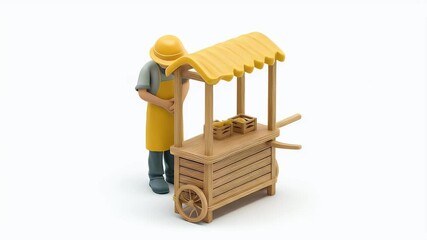 Poster - Animated Street Vendor with Cart, Preparing for Business, 3D Render.