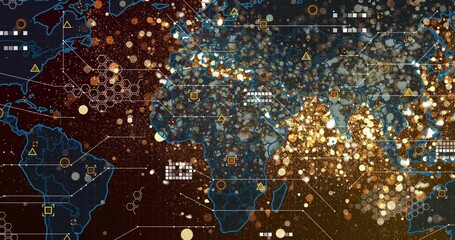 Fototapete - Opening over dark red, map expanding, particles drifting, icons linking continents showing network