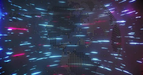 Poster - Glowing outline emerging digital globe rotating with neon trails swirling visualizing data flow