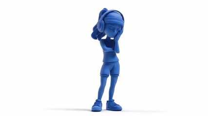 Poster - Blue Cartoon Girl Listening to Music, Contemplative Mood