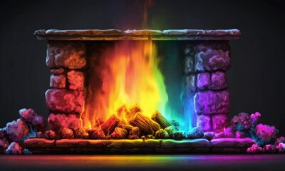 Poster - Colorful Fire in a Stone Fireplace (1)