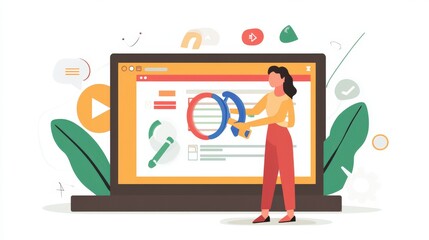 Poster - A woman presents data on a laptop screen.