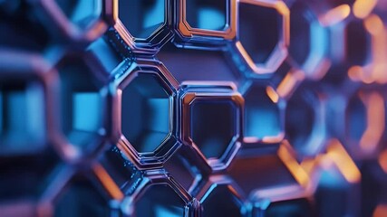 Poster - Close up view of a metallic hexagonal structure with vibrant blue and orange lighting creating a futuristic abstract design.