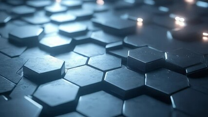 Poster - Abstract Metallic Hexagonal Pattern with Blue Lighting and Geometric Background