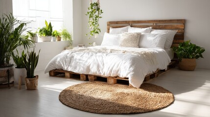 Poster - White pillows on wooden bed in minimal bedroom interior with plants and round rug. Real photo, no logos, no brands