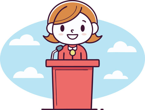 Cartoon woman with podium and microphone in a cloudy scene vector illustration