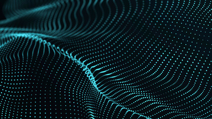 Poster - Abstract flow of luminous particles on dark background. Movement of colored dots. Big data. 3D