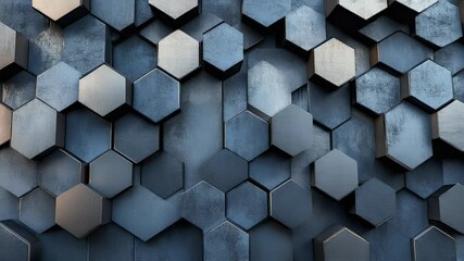 Poster - Abstract metallic hexagonal pattern with detailed texture and varying shades of gray illuminated creating a textured surface. Ideal for backgrounds and design elements.