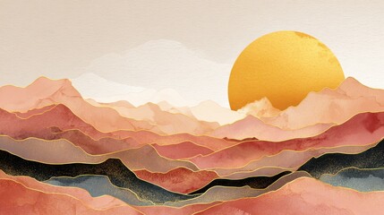 Poster - Landscape background with golden line wave pattern vector. Abstract Mountain and sun with watercolor texture banner. Design for wallpaper, prints, wall art., no logos, no brands