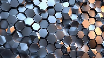 Poster - Abstract metallic honeycomb pattern with hexagonal cells. Irregular surface reflecting light creating a gradient of blue and gold tones. Suitable for a technological background.
