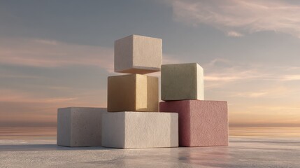 Poster - Minimalist composition featuring stacked blocks on soft backgrou