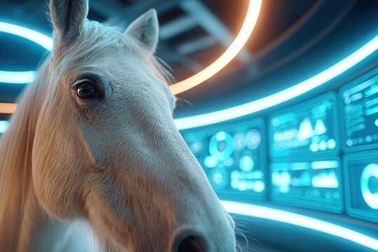 Horse participating in a virtual meeting in a futuristic environment with digital displays