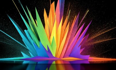Poster - Abstract explosion of vibrant, geometric shapes radiating outward on a dark background