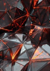 Leinwandbilder - Abstract triangular pattern with fiery internal glow and metallic textures. Features a geometric design, warm orange highlights against dark backgrounds, creating a futuristic aesthetic.