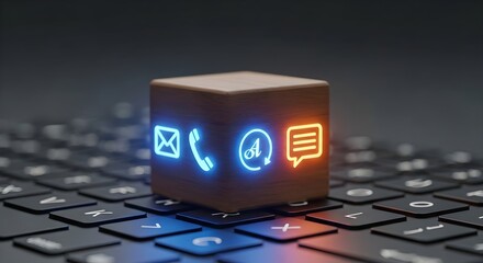 Wooden cube with glowing communication icons on a keyboard. Modern technology concept.