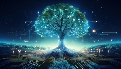 Wall Mural - digital tree connecting roots landscape concept with technology and nature