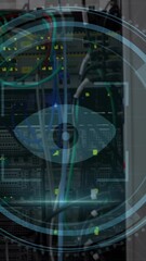 Poster - Animation of cyber security and eye scanning in circle over servers