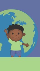 Poster - Animation of schoolboy icon and globe on blue background