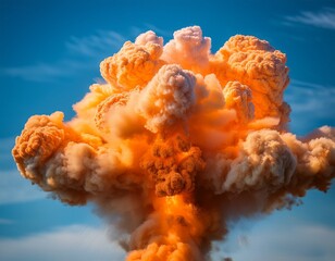 Wall Mural - explosive orange smoke cloud bursts vividly against clear blue sky creating dramatic and intense visual effect full of energy and chaos