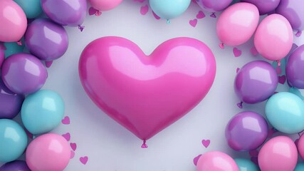 Poster - Central heart shaped object in bright pink surrounded by pastel balloons and heart confetti against a white background creating a festive, romantic vibe.