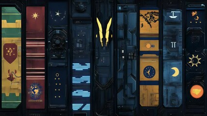 Leinwandbilder - Abstract graphic panels featuring pixelated designs in various colors are arranged vertically with illuminated elements creating futuristic aesthetic