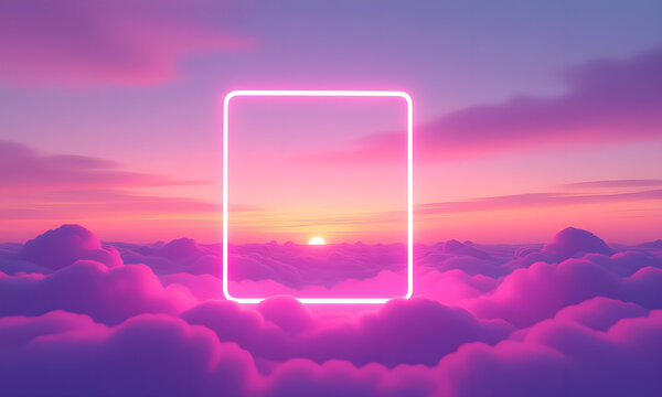 Pink Neon Frame Above Clouds at Sunset: Dreamy Digital Art Background