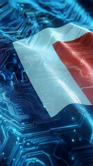 Poster - Digital circuit board design with animated country flag overlay creating a futuristic concept in blue and red hues.