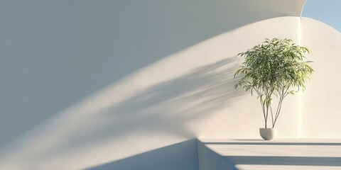 Poster - Light gray wall and potted plant casting shadow