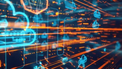 Poster - Futuristic cloud computing concept with bright neon blue cloud symbol and data streams against a dark orange grid background digital network. Secure data storage.