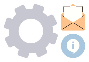Poster - Gear symbol beside an envelope containing a white letter and an information icon. Ideal for business, communication, workflow, teamwork, data management, customer support, and innovation. Simple flat