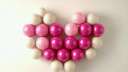 Poster - Arrangement of Glossy Pink and White Spheres Forming a Heart Shape on a Cream Colored Background A Top View Presentation for Conceptual and Decorative Use
