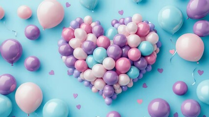 Poster - Arrangement of heart-shaped balloons in various pastel colors surrounded by scattered balloons and confetti on a blue background creating a cheerful festive atmosphere