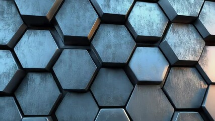 Poster - Close up view of repeating hexagon shapes with gray and black tones. Metallic textures with surface imperfections and highlights. Geometric abstract background