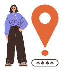 Poster - Individual standing confidently wearing casual clothes next to an exclamation mark with password input bar. Ideal for online security, identity, awareness, attention, technology, personal confidence