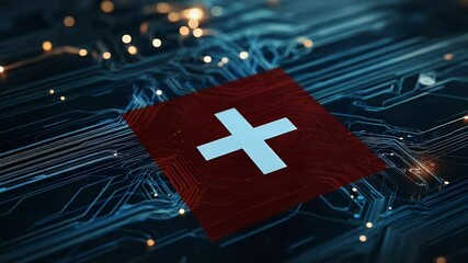 Poster - Swiss Flag Integrated Circuit Board Illuminated Digital World Concept