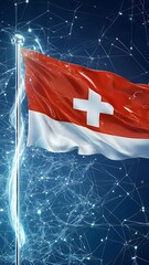 Poster - Swiss flag waving against a digital network backdrop featuring red white and cross elements