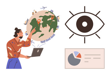 Poster - Woman interacts with a laptop pointing to global map markers, alongside a large eye and a data pie chart. Ideal for global communication, data analysis, vision, strategy, technology, remote work