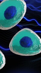 Poster - Animation of micro of blue and turquoise cells on blue light trails background