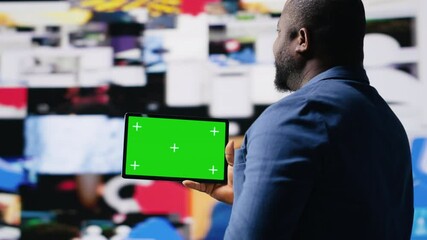 Poster - Social media environment with a person using copy space device, surrounded by tech visuals, infographics and digital apps. Emphasizing communication and web entertainment. Camera B.