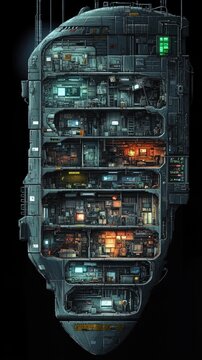 Futuristic spaceship interior, cross-section, dark space background.  Possible use sci-fi illustration