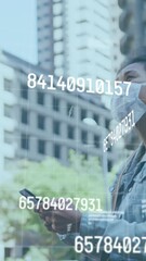 Poster - Woman in mask uses phone amid floating numbers in COVID-19 concept.