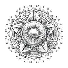 Detailed circular mandala illustration featuring star and floral elements on black background decorative pattern ornament