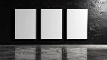 Fototapete - Minimalist Display: Three blank canvases hang in a row on a dark wall above a reflective floor, this image creating an atmosphere of modern elegance.
