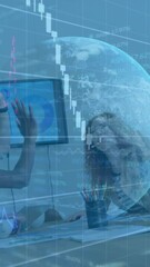 Poster - Animation of graphs, globe over diverse coworkers giving high fives after achieving target