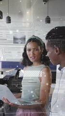 Poster - Business data processing animation over diverse colleagues discussing work in modern office